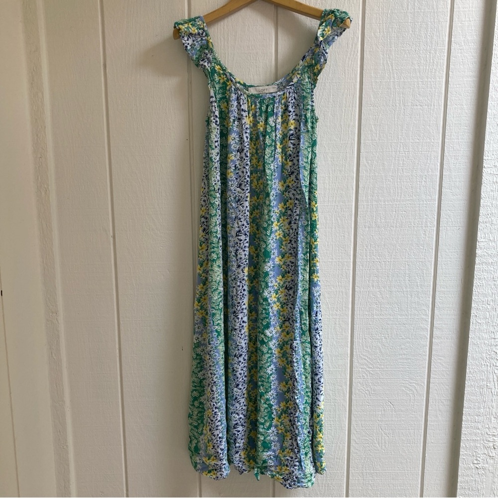 LOFT Floral Sun Dress in Blue and Green with Ruffled Straps Size Small